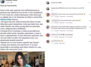 Comunicado da família sobre morte da modelo Adriana Vieira — Foto: Reprodução/Instagram